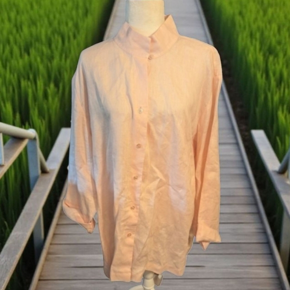 Blush pink 100% linen oversized button up big shirt tunic by Go Silk Woman sz 3X - Picture 1 of 9